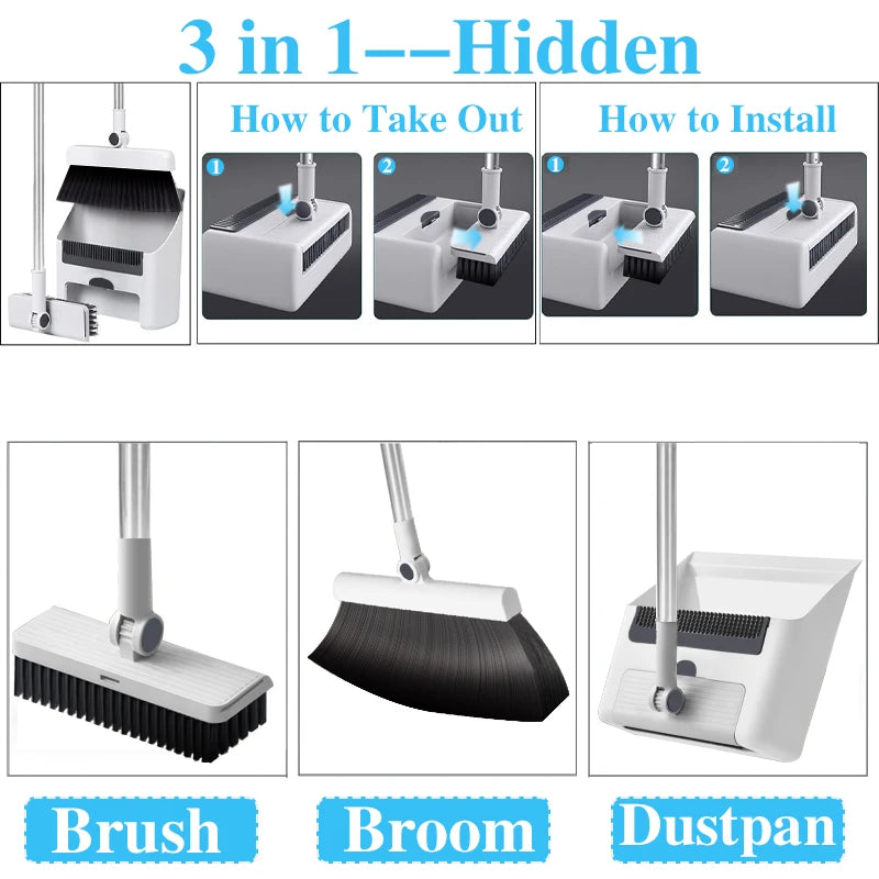 3-In-1 Broom And Dustpan Set With Long-Handled Floor Brush