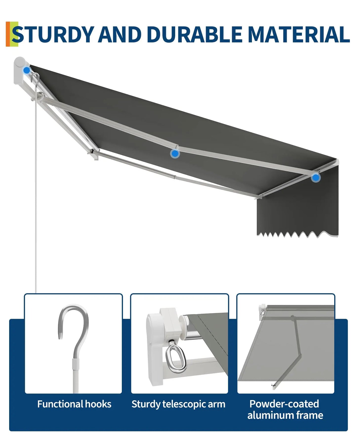 HiMISS Manual Retractable Patio Awning With Heavy Duty Aluminum Frame