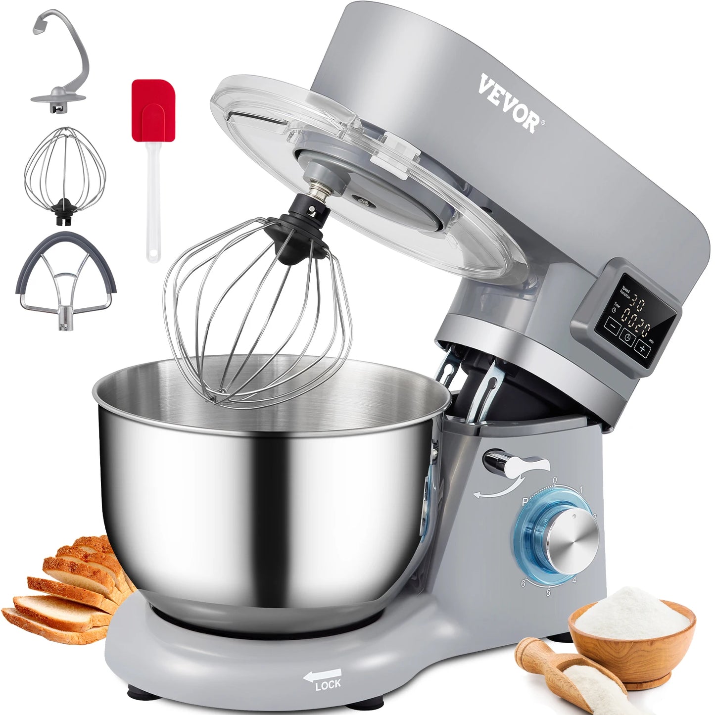 VEVOR Stand Mixer Electric Dough Mixer 6 Speeds LCD Screen