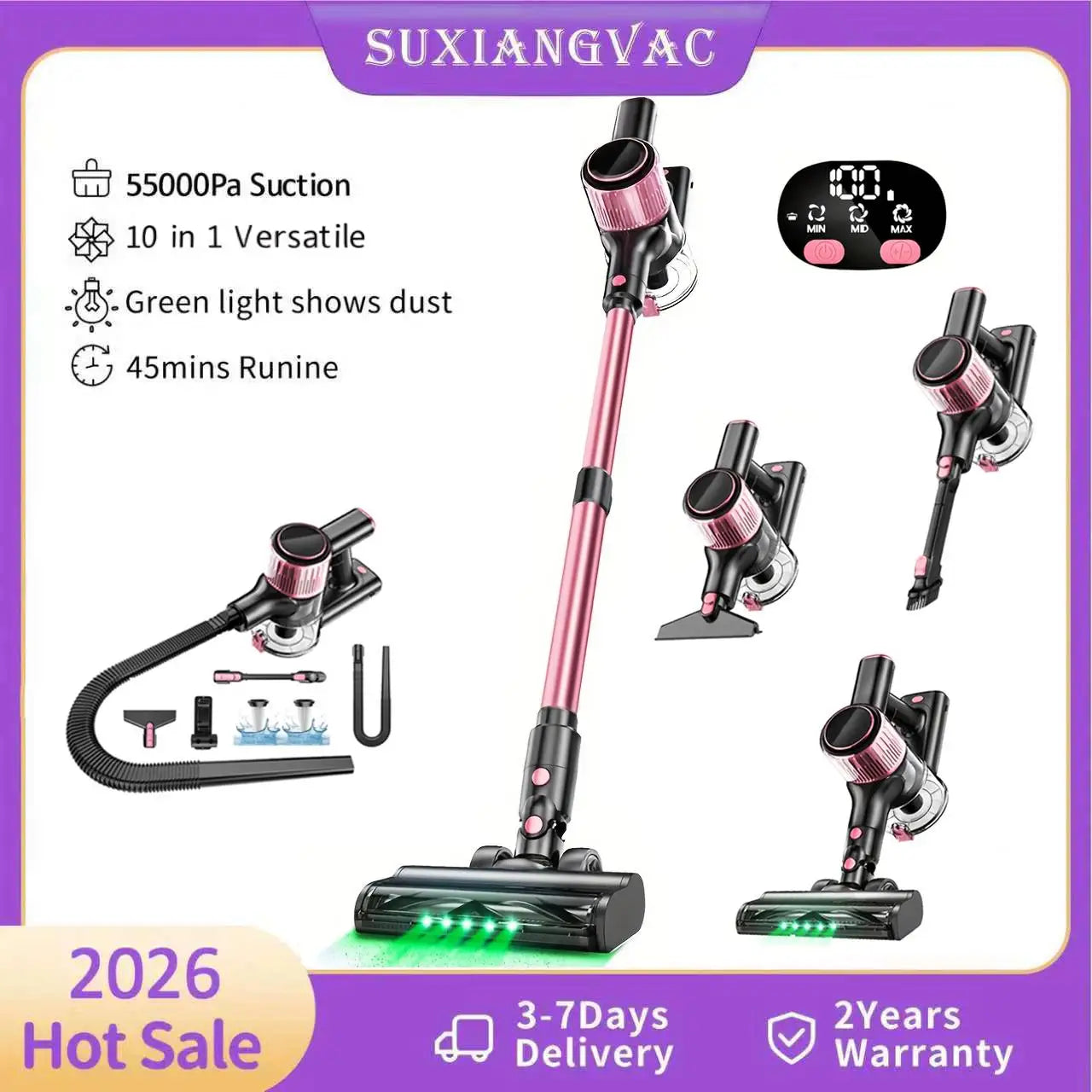 SUXIANGVAC Cordless Vacuum Cleaner 55KPa 500W 45Min Pet Hair Hard Floor Carpet