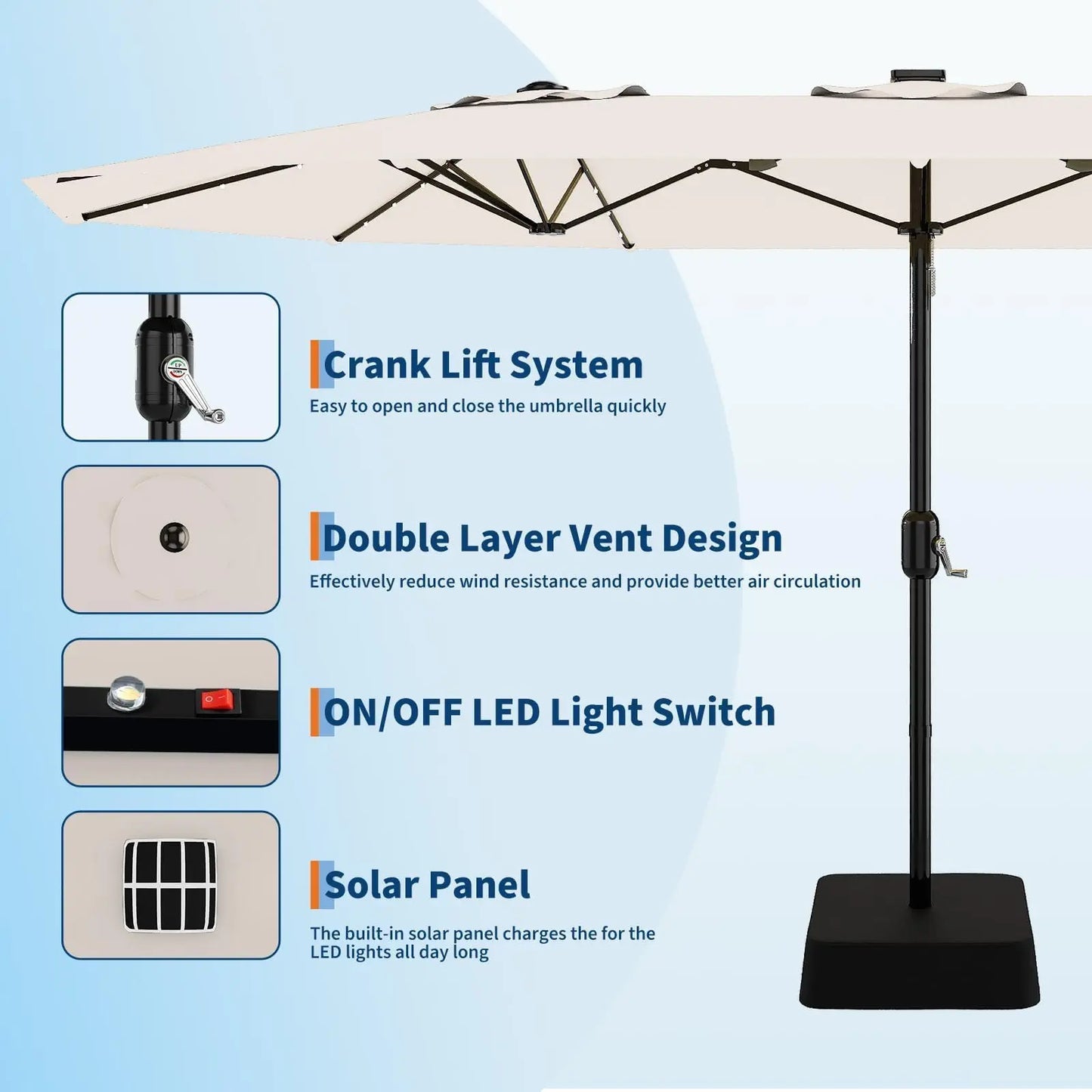 HiMISS Outdoor Patio Umbrella With Solar LED Lights Crank Handle