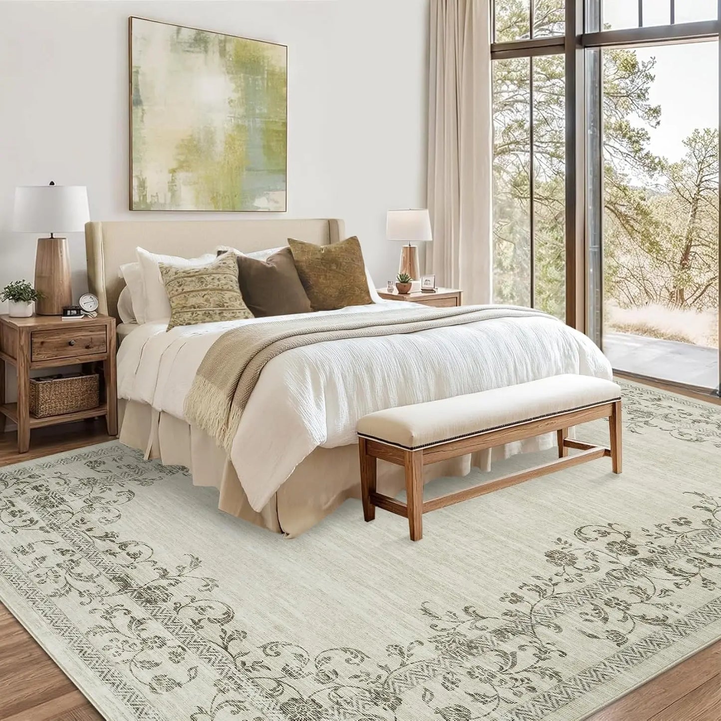 HiMISS Washable Area Rug For Living Room Floral Border