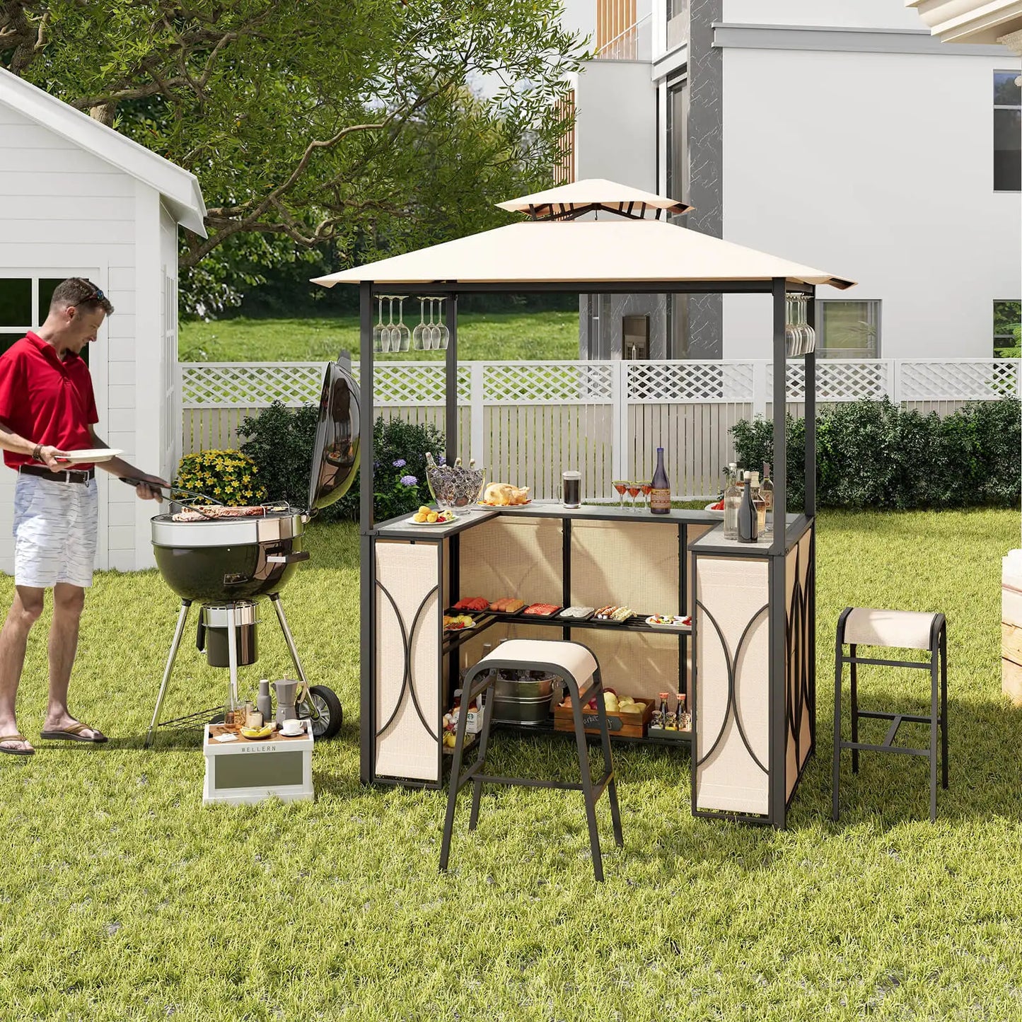HOMASIS 3 Piece Patio Bar Set With Tempered Glass Bar Table And Storage Shelves