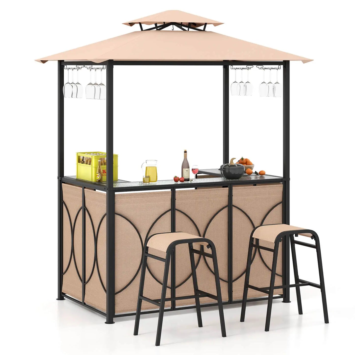 HOMASIS 3 Piece Patio Bar Set With Tempered Glass Bar Table And Storage Shelves