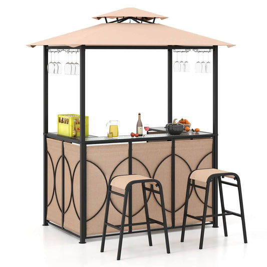 HOMASIS 3 Piece Patio Bar Set With Tempered Glass Bar Table And Storage Shelves