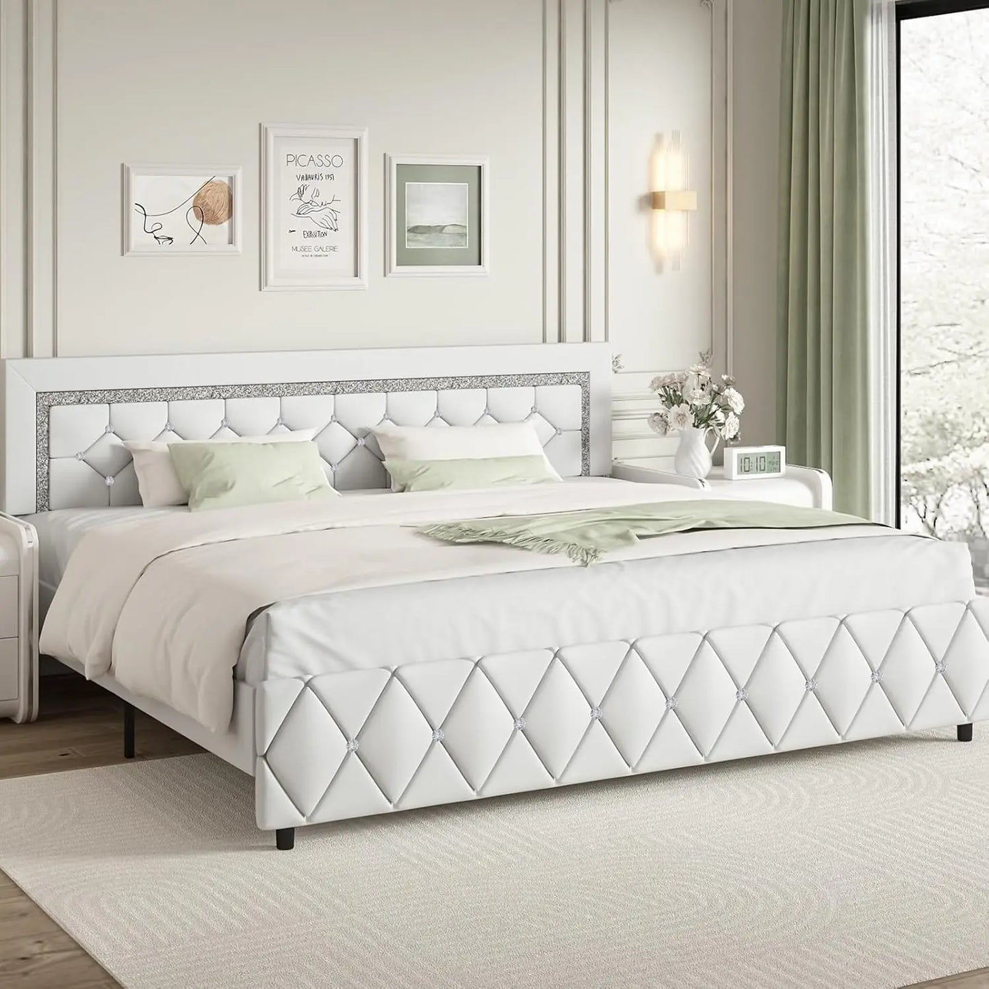 GUANGBAI Faux Leather Platform Bed Frame With Diamond Tufted Headboard