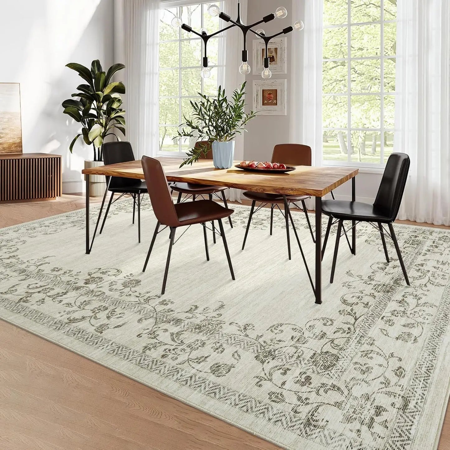 HiMISS Washable Area Rug For Living Room Floral Border