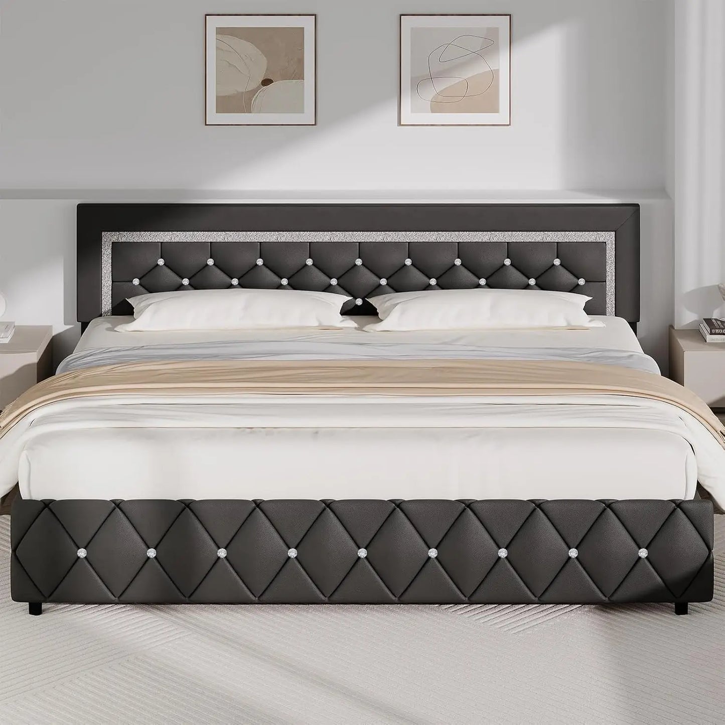 GUANGBAI Faux Leather Platform Bed Frame With Diamond Tufted Headboard