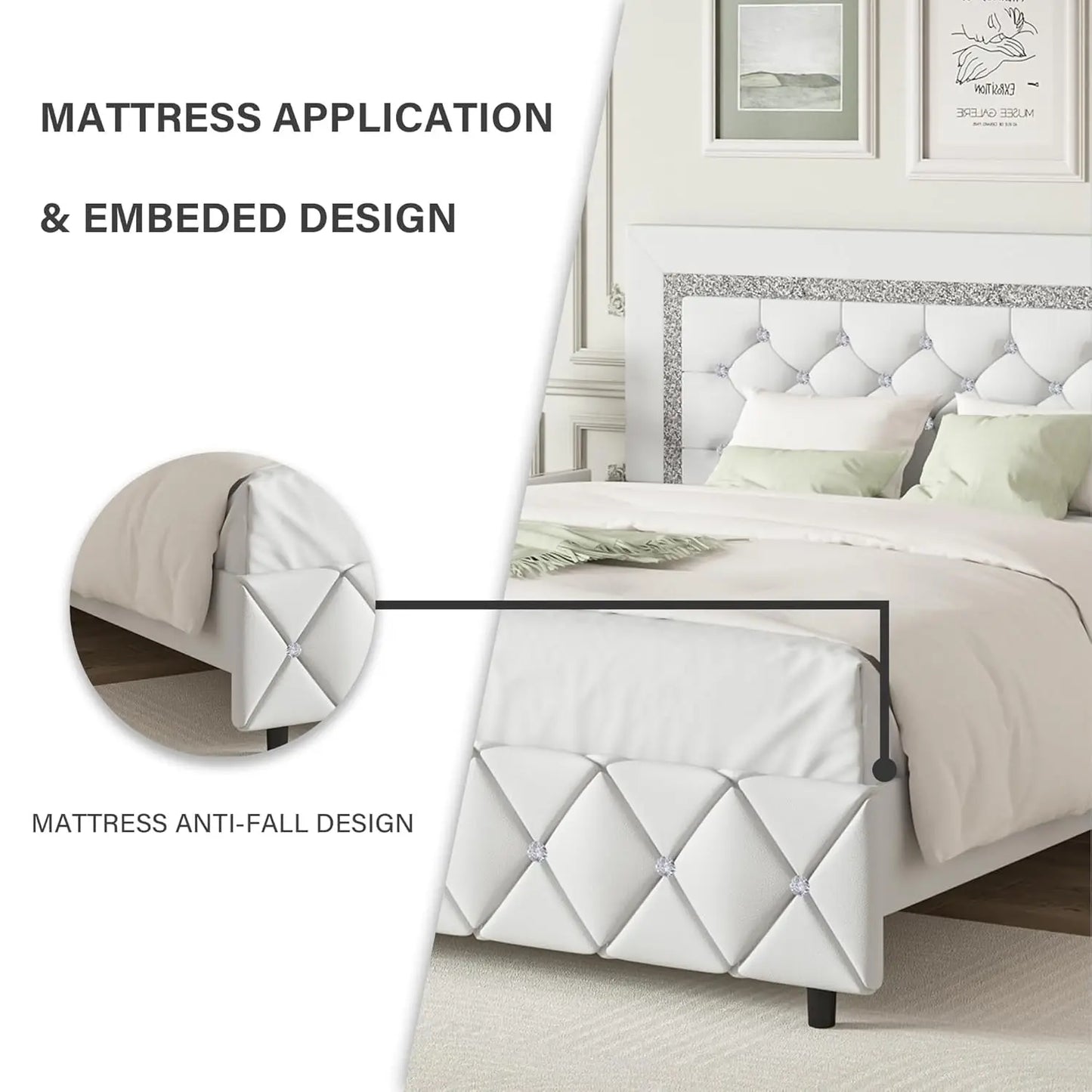 GUANGBAI Faux Leather Platform Bed Frame With Diamond Tufted Headboard
