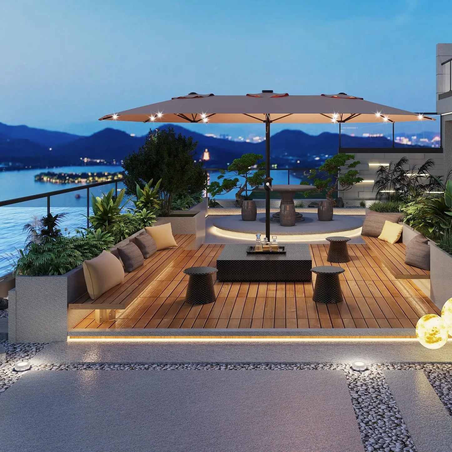 HiMISS Outdoor Patio Umbrella With Solar LED Lights Crank Handle