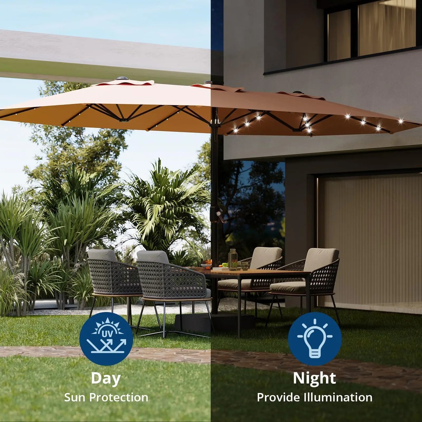 HiMISS Outdoor Patio Umbrella With Solar LED Lights Crank Handle