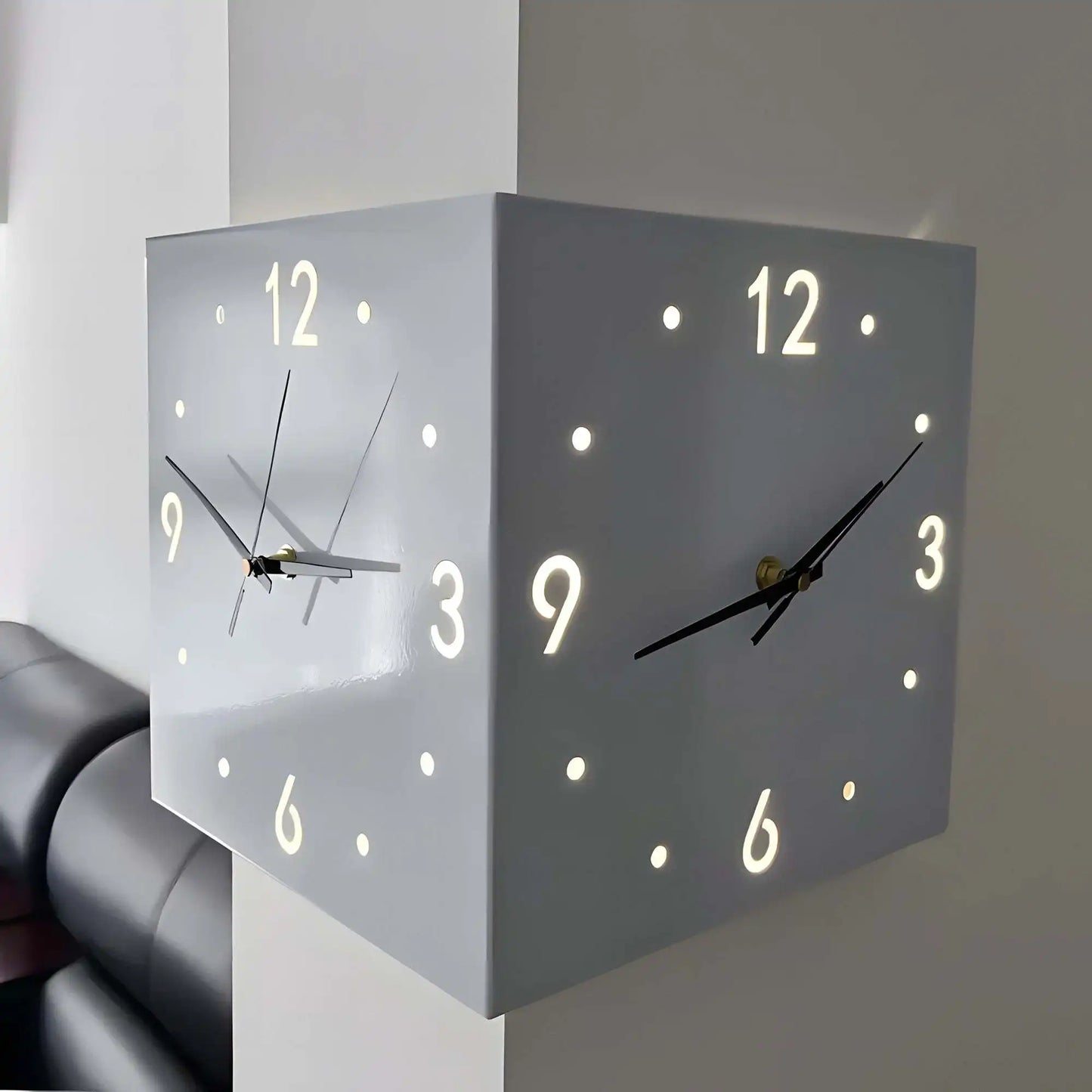 Double-Sided Luminous Corner Wall Clock With Silent Operation
