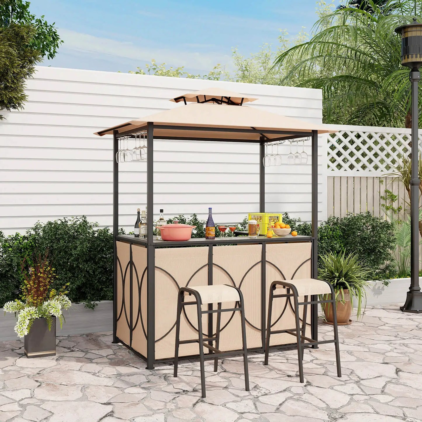 HOMASIS 3 Piece Patio Bar Set With Tempered Glass Bar Table And Storage Shelves