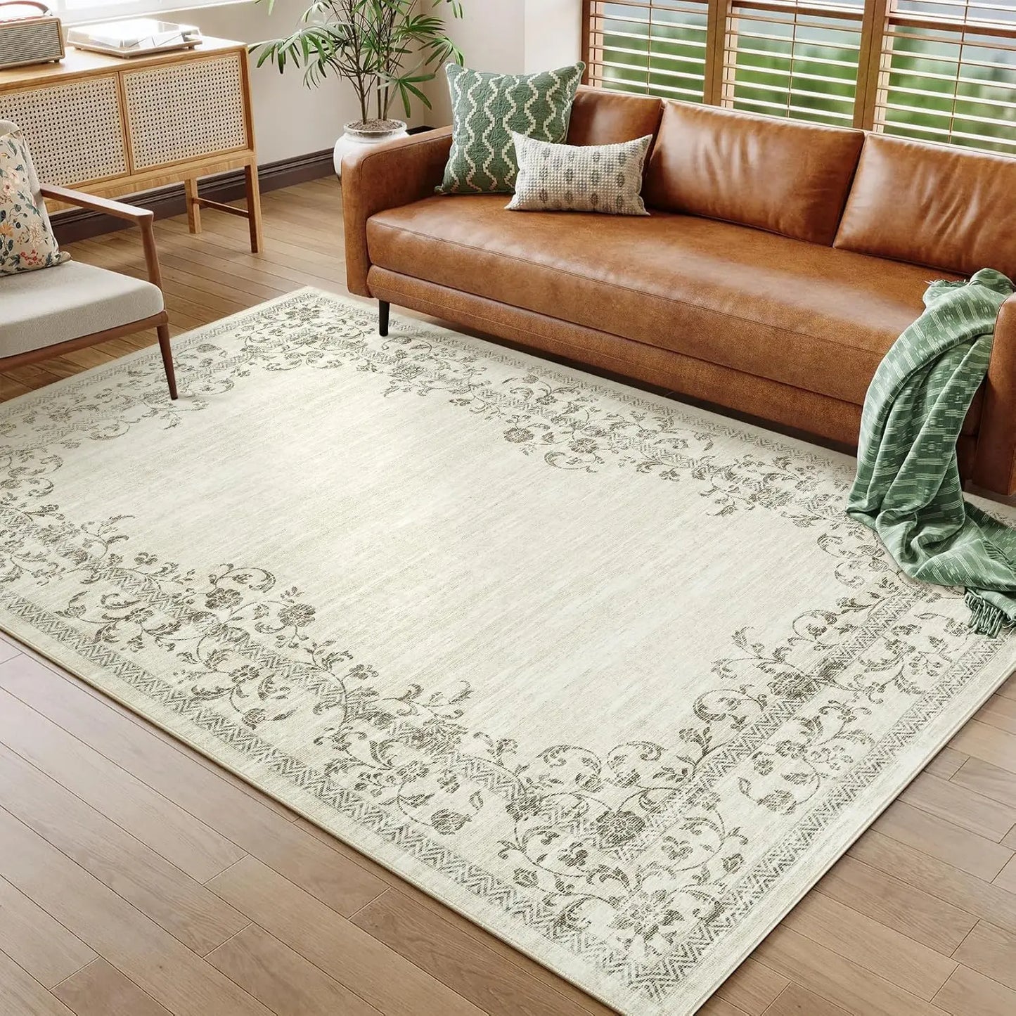 HiMISS Washable Area Rug For Living Room Floral Border