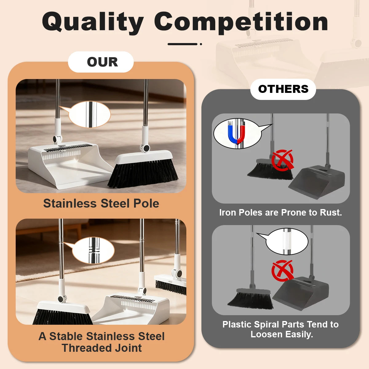 3-In-1 Broom And Dustpan Set With Long-Handled Floor Brush