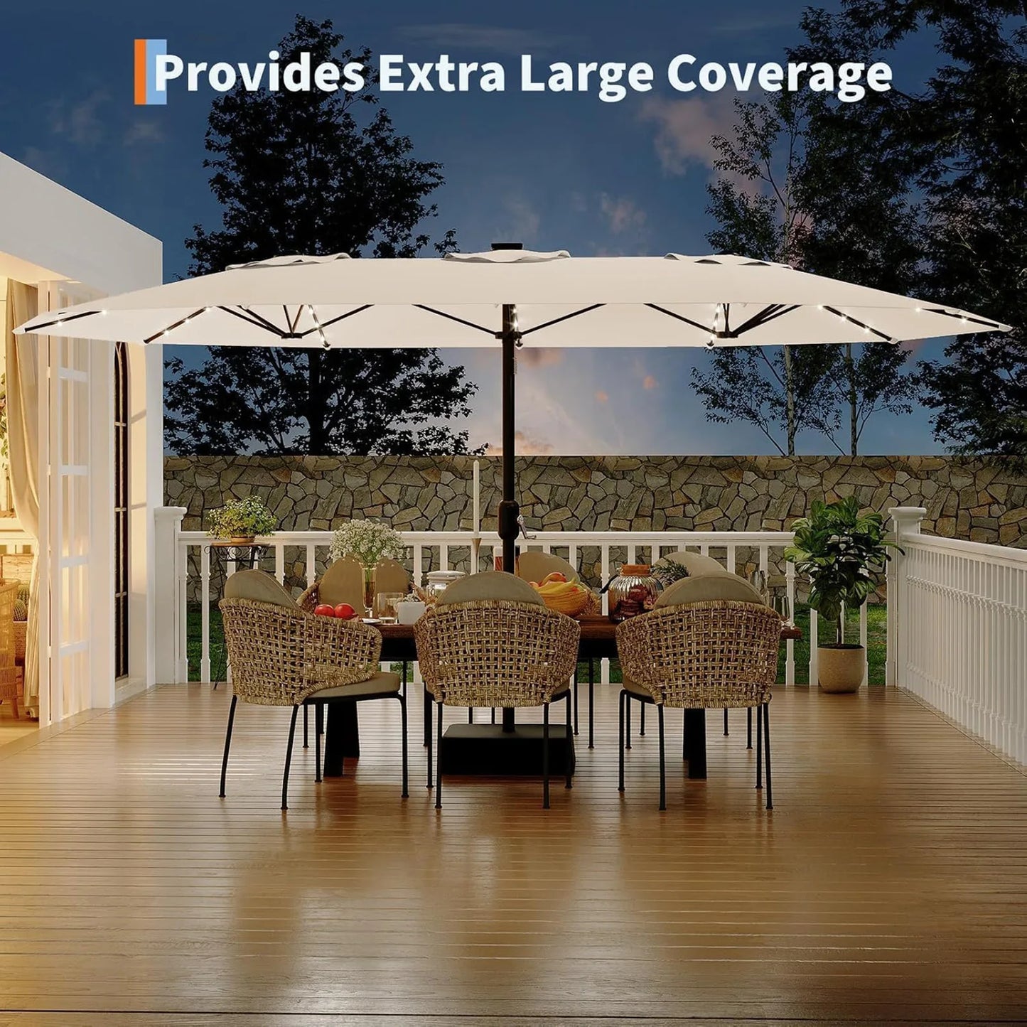 HiMISS Outdoor Patio Umbrella With Solar LED Lights Crank Handle