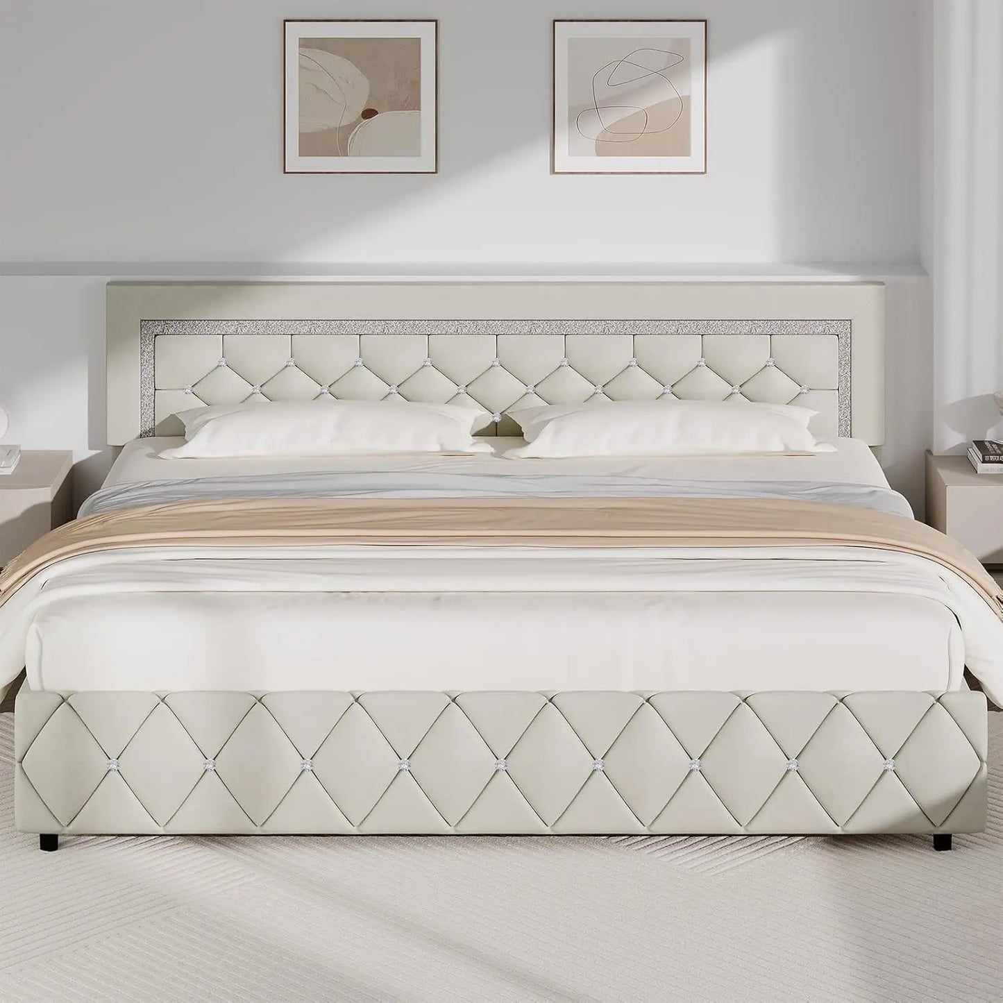 GUANGBAI Faux Leather Platform Bed Frame With Diamond Tufted Headboard