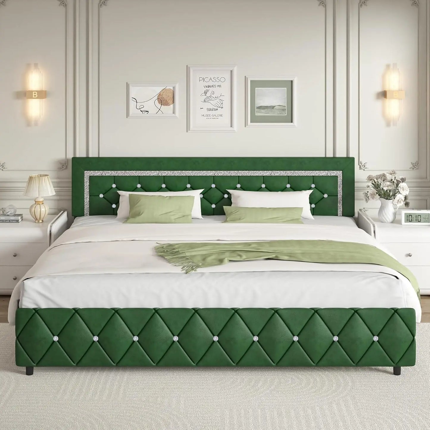 GUANGBAI Faux Leather Platform Bed Frame With Diamond Tufted Headboard