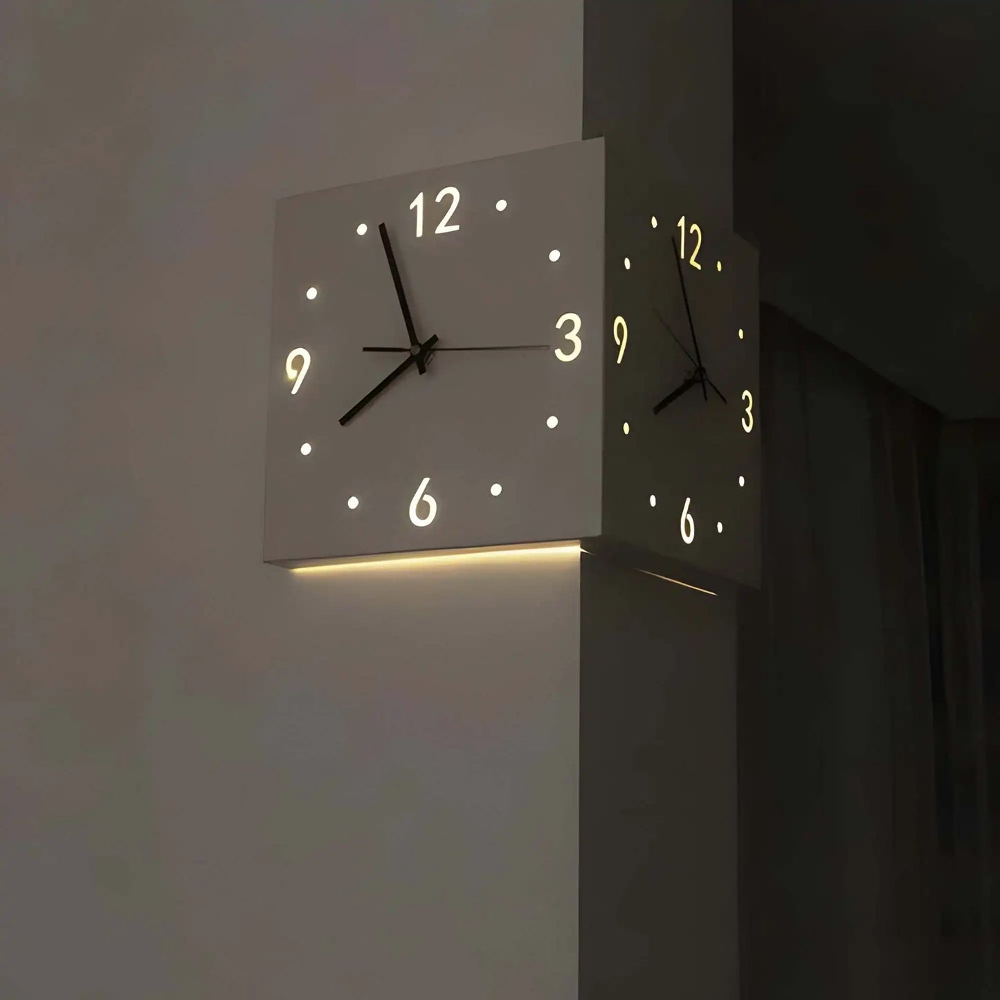 Double-Sided Luminous Corner Wall Clock With Silent Operation