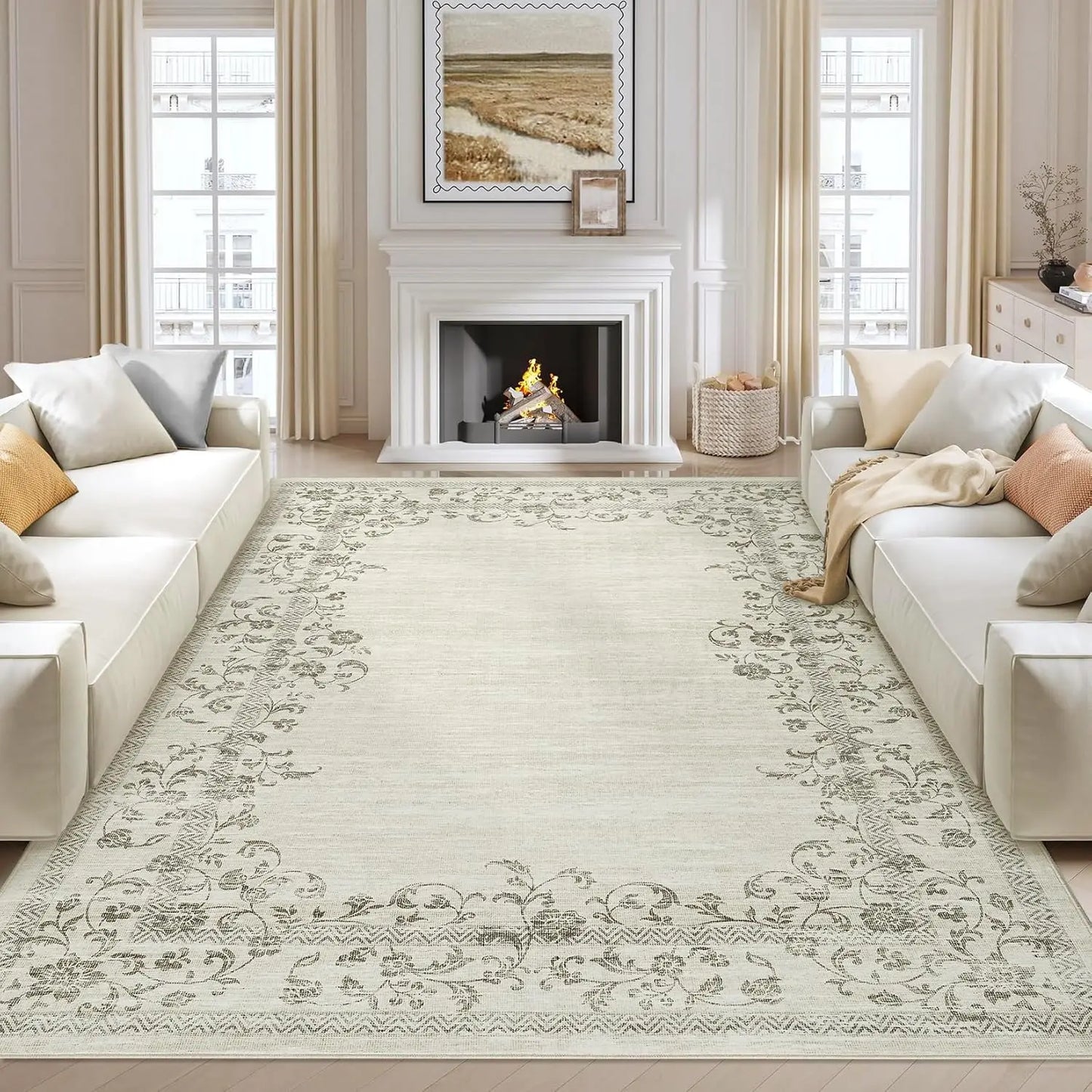 HiMISS Washable Area Rug For Living Room Floral Border