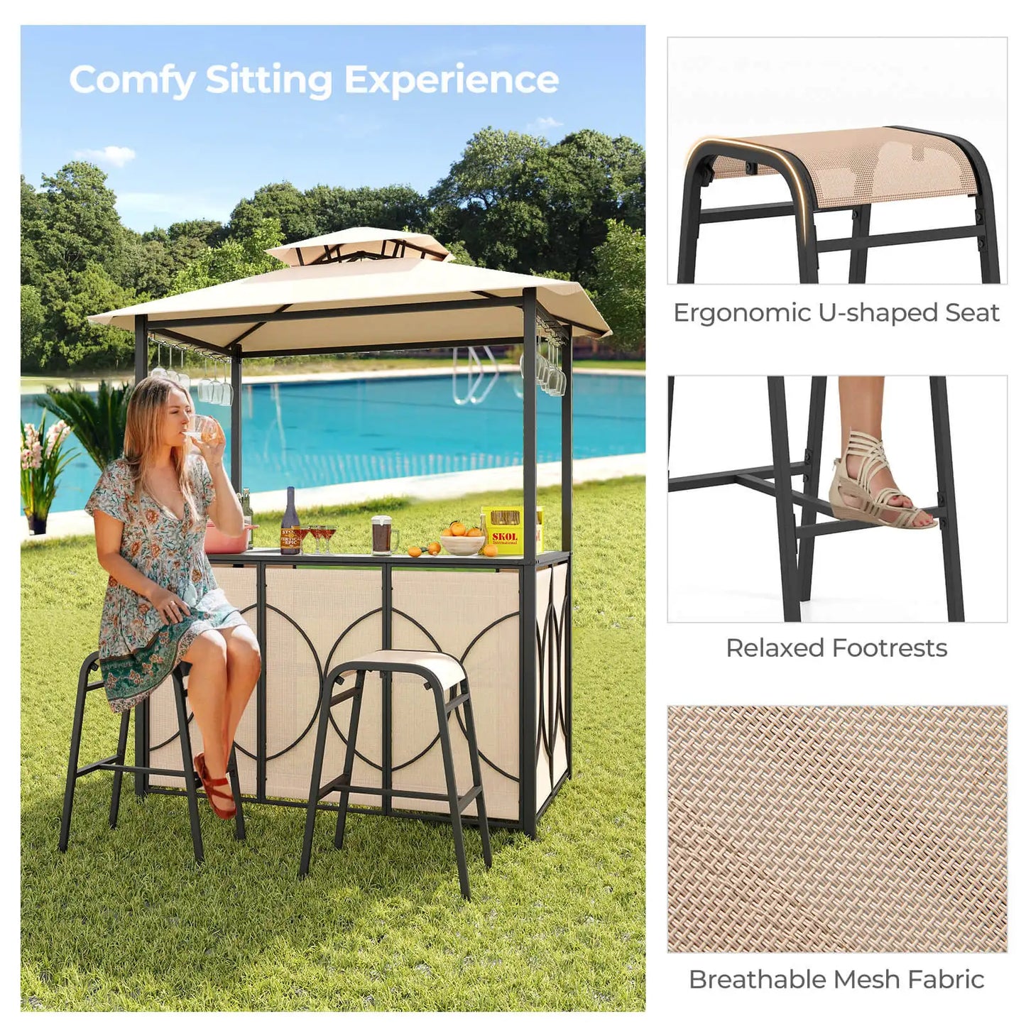 HOMASIS 3 Piece Patio Bar Set With Tempered Glass Bar Table And Storage Shelves
