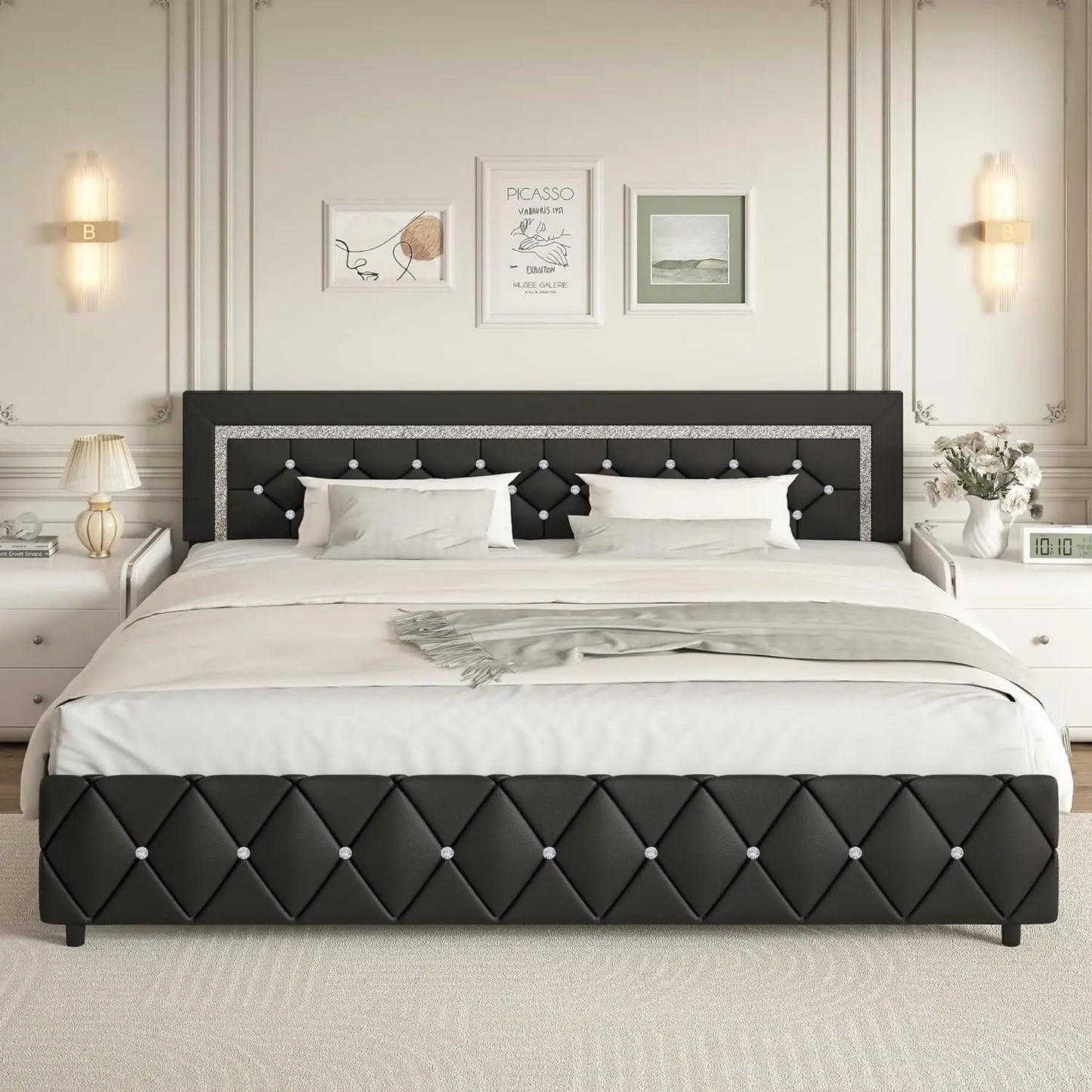 GUANGBAI Faux Leather Platform Bed Frame With Diamond Tufted Headboard