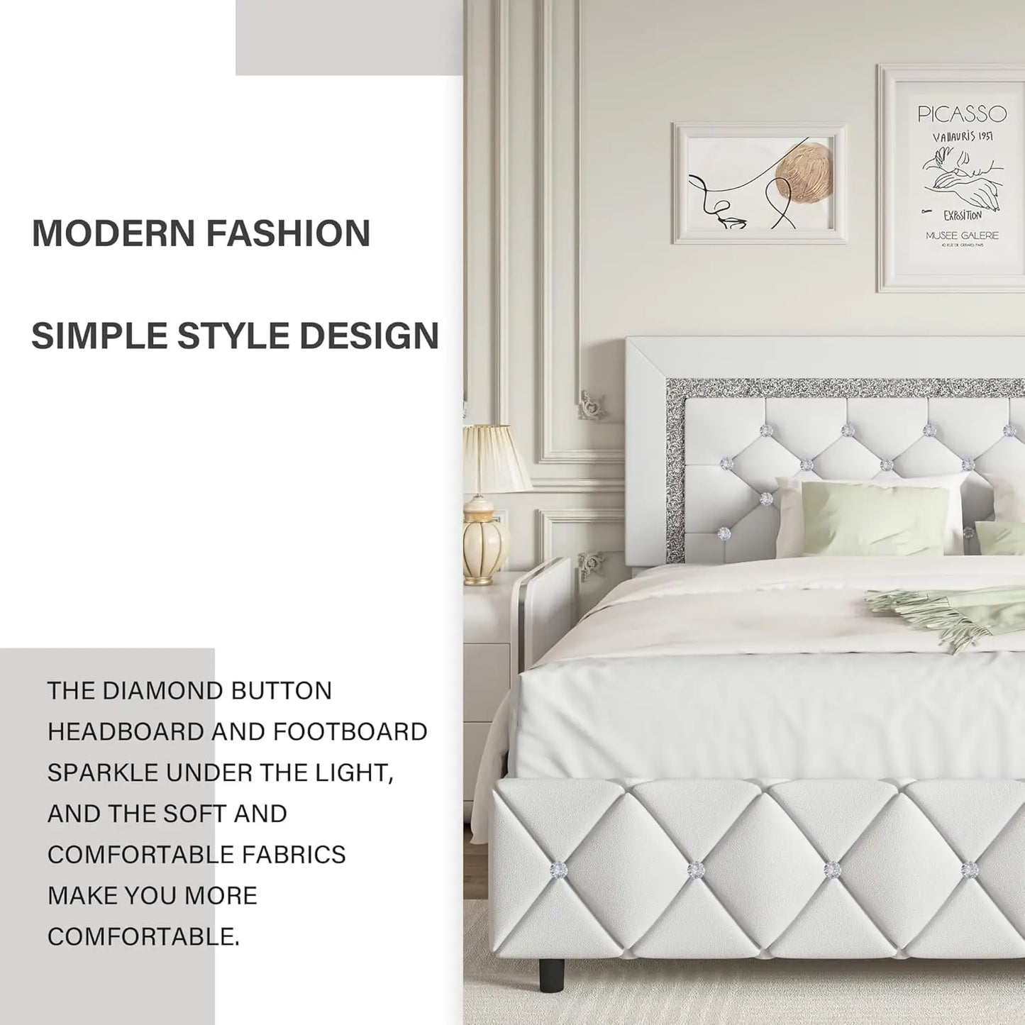 GUANGBAI Faux Leather Platform Bed Frame With Diamond Tufted Headboard