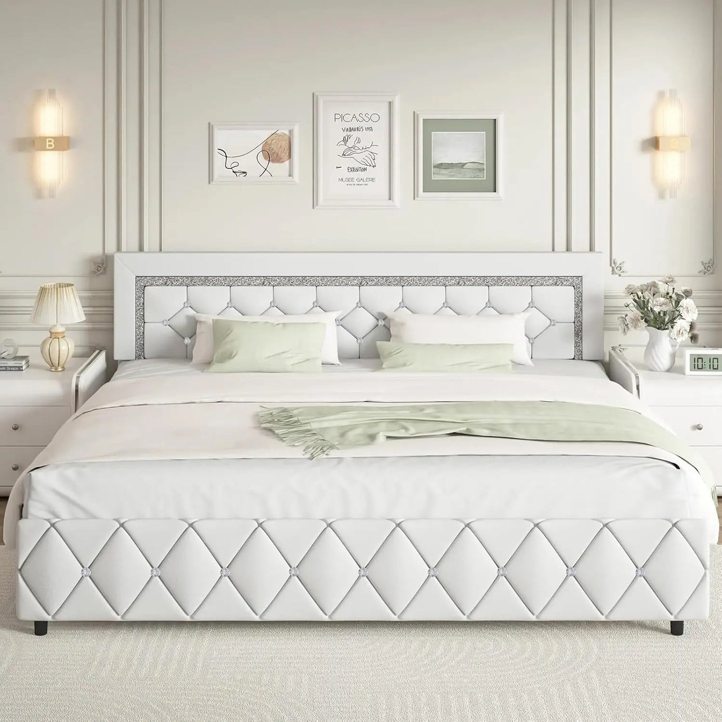 GUANGBAI Faux Leather Platform Bed Frame With Diamond Tufted Headboard