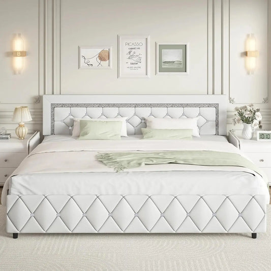 GUANGBAI Faux Leather Platform Bed Frame With Diamond Tufted Headboard