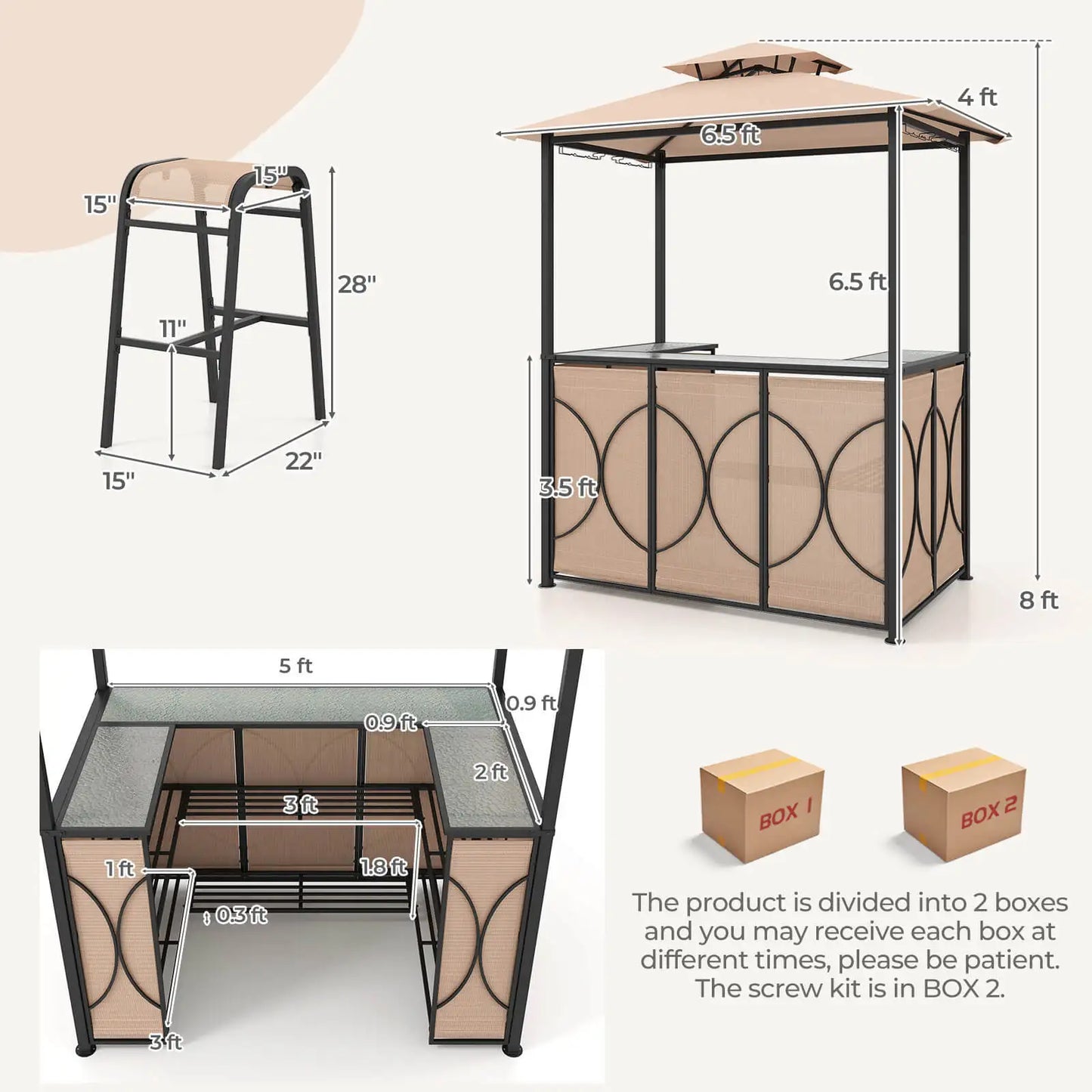 HOMASIS 3 Piece Patio Bar Set With Tempered Glass Bar Table And Storage Shelves