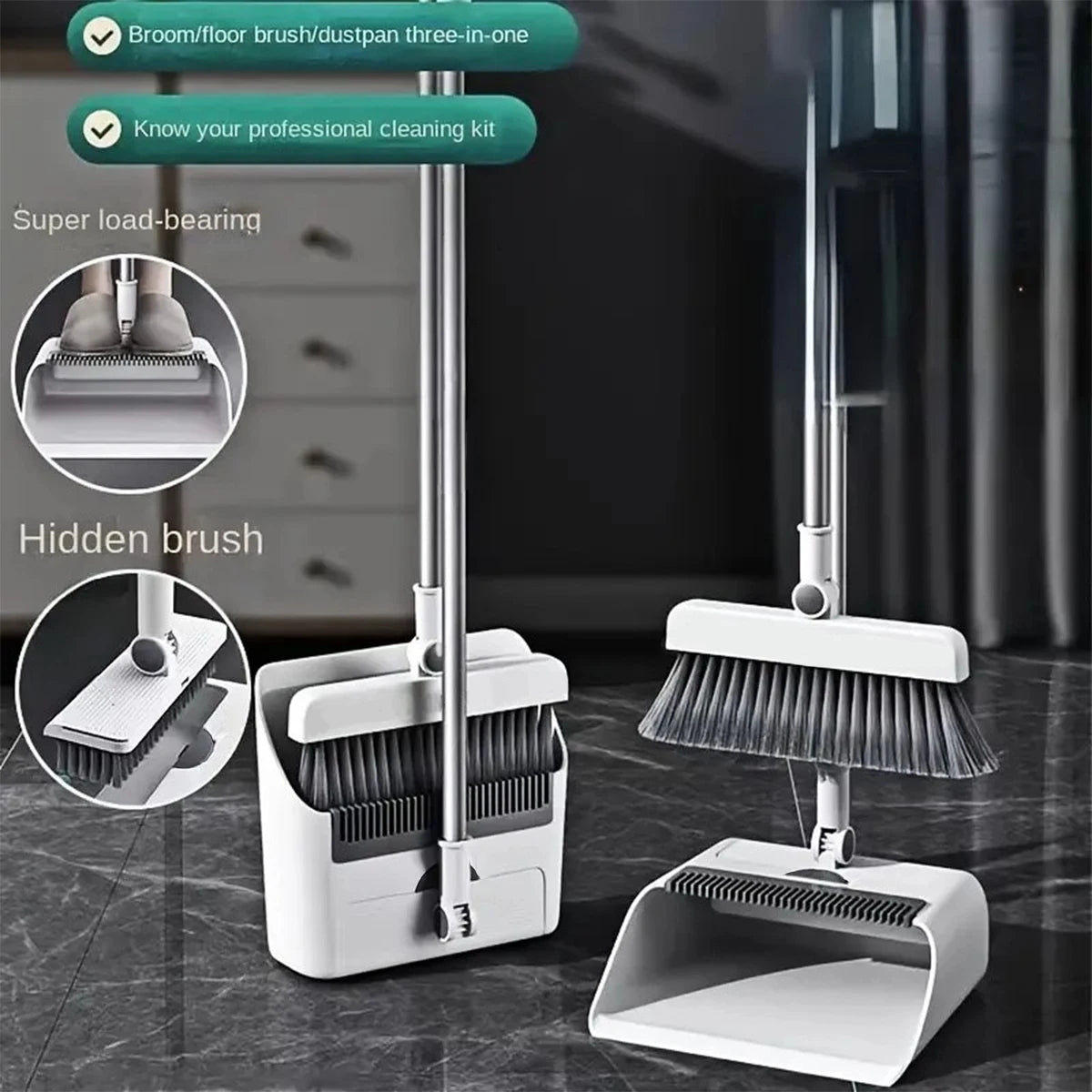 3-In-1 Broom And Dustpan Set With Long-Handled Floor Brush
