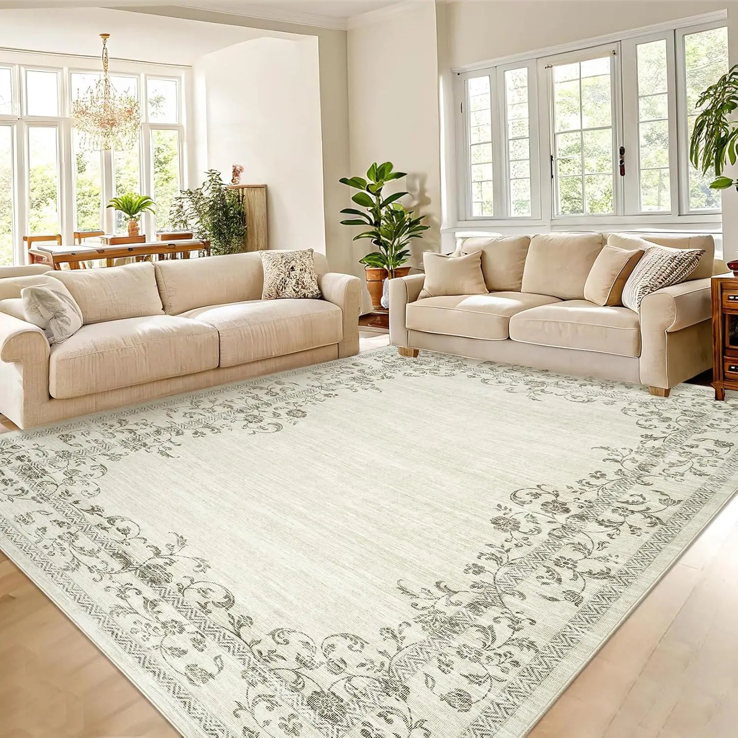 HiMISS Washable Area Rug For Living Room Floral Border