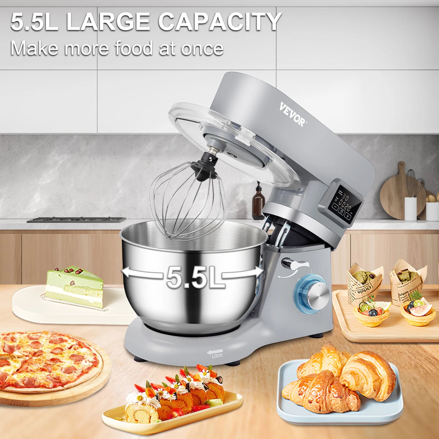 VEVOR Stand Mixer Electric Dough Mixer 6 Speeds LCD Screen
