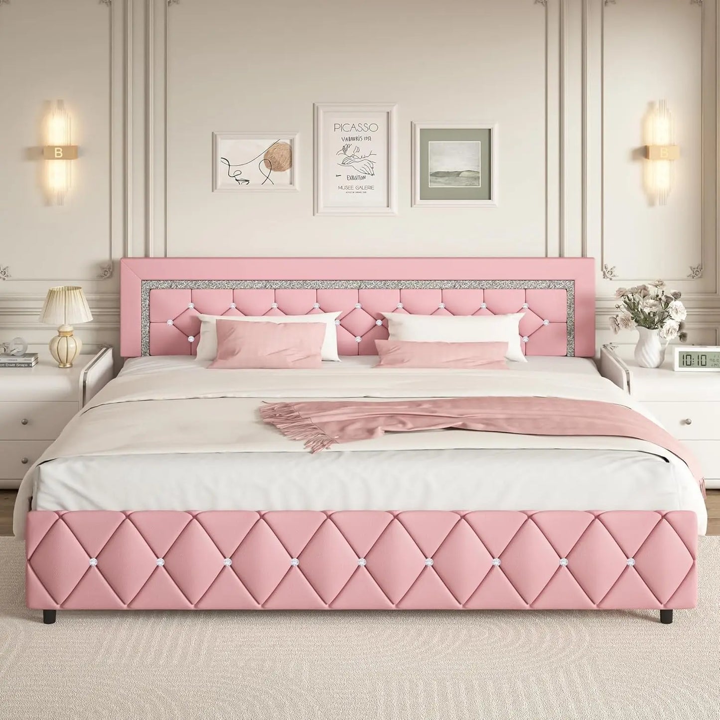 GUANGBAI Faux Leather Platform Bed Frame With Diamond Tufted Headboard