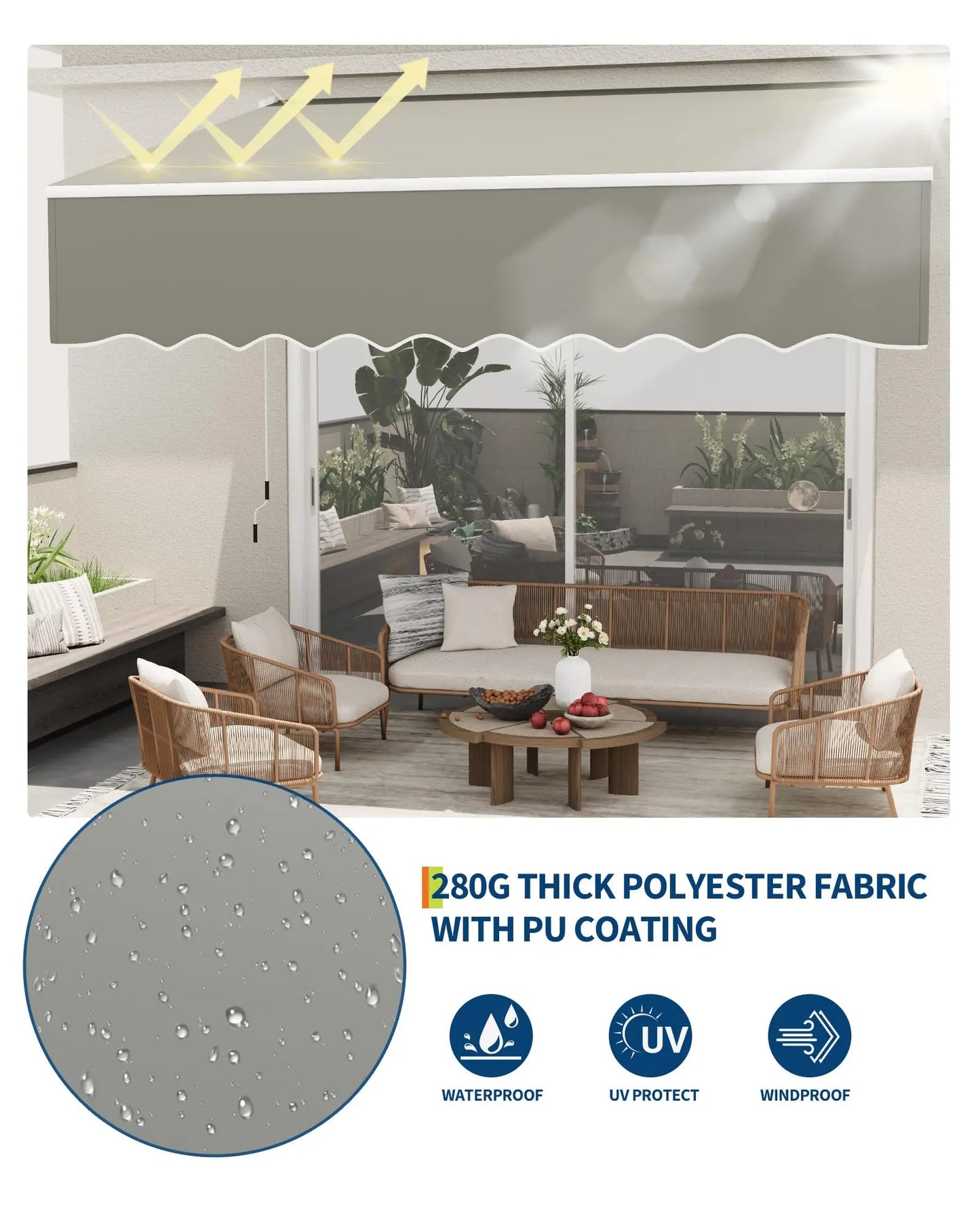 HiMISS Manual Retractable Patio Awning With Heavy Duty Aluminum Frame
